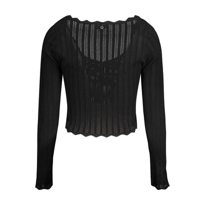 Guess Jeans Black Viscose Women Sweater, long-sleeved with bold contrasting details and iconic logo, perfect for stylish outings.