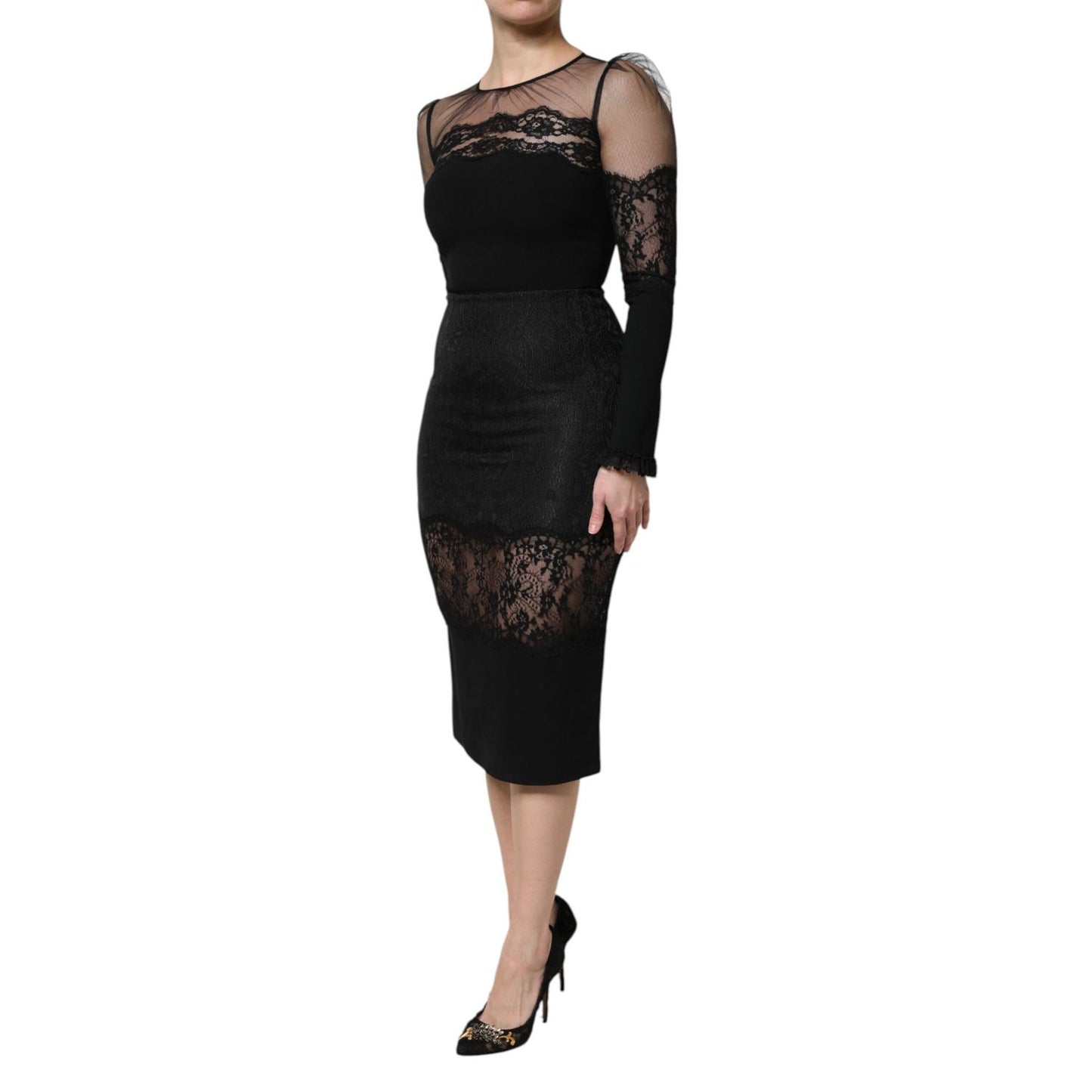Dolce & Gabbana Black Lace Trim Nylon Tulle Sheath Midi Dress