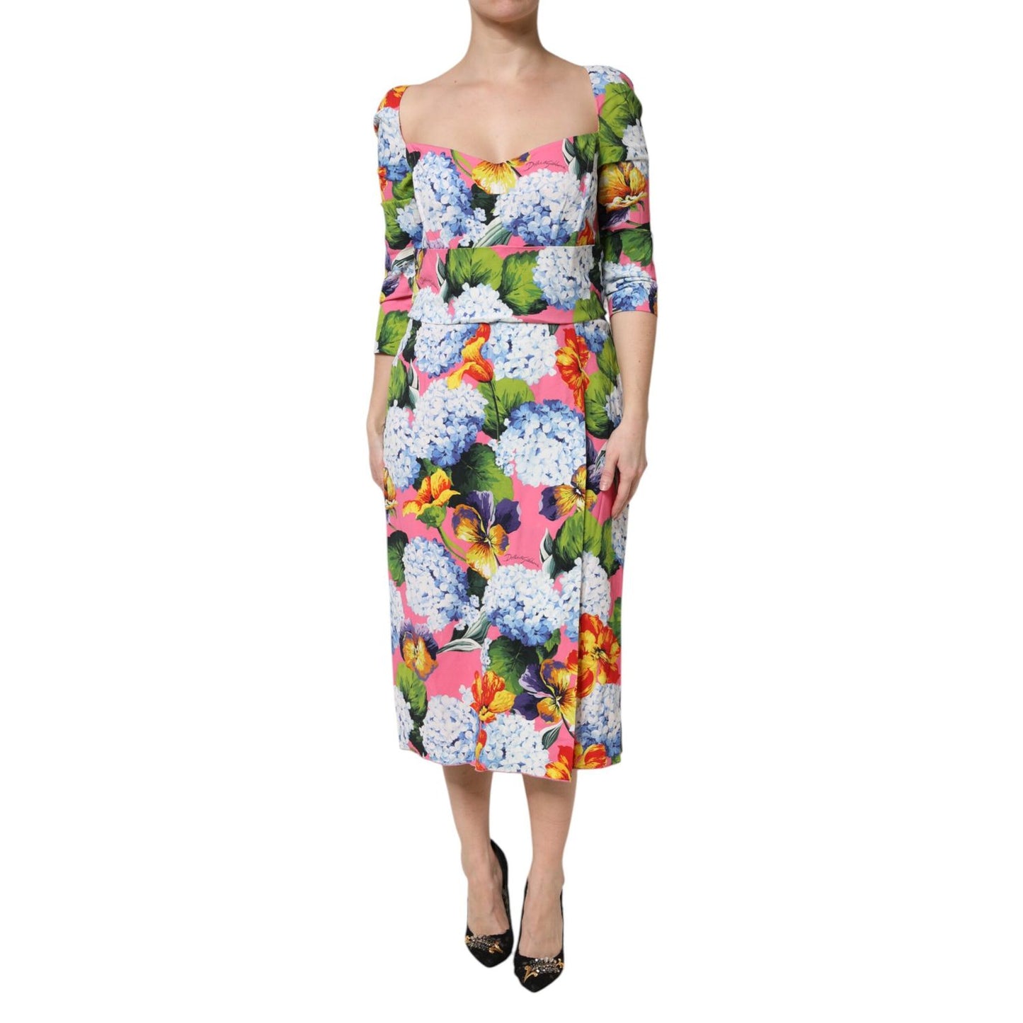Dolce & Gabbana Multicolor Floral Pleated Sheath Midi Dress