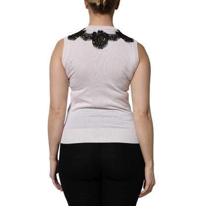 Dolce & Gabbana White Cashmere Floral Lace Detailing Tank Top