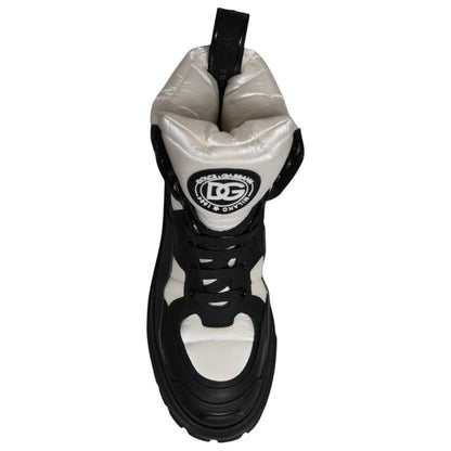 Dolce & Gabbana Black White Padded Mid Calf Lace Up Boots Shoes