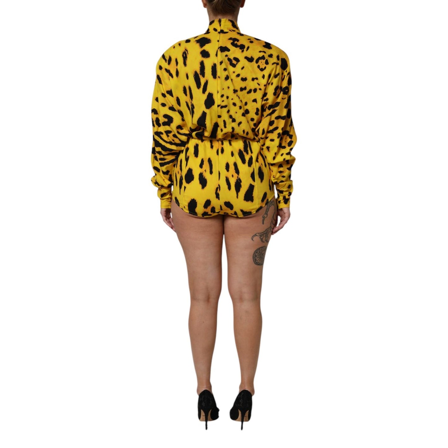 Dolce & Gabbana Yellow Leopard Long Sleeves Jumpsuit Dress