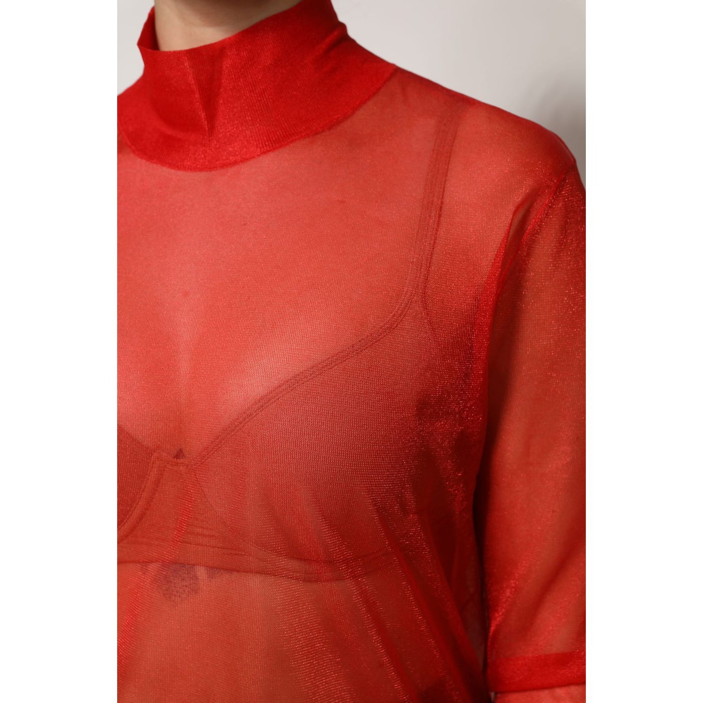 Dolce & Gabbana Red Tulle Turtleneck Long Sleeve Blouse Top