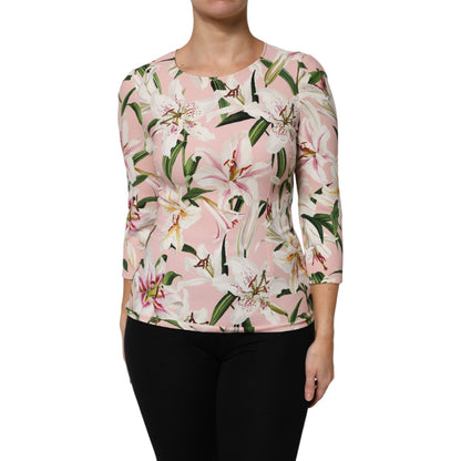 Dolce & Gabbana Pink Lily Print Viscose Round Neck Blouse Top