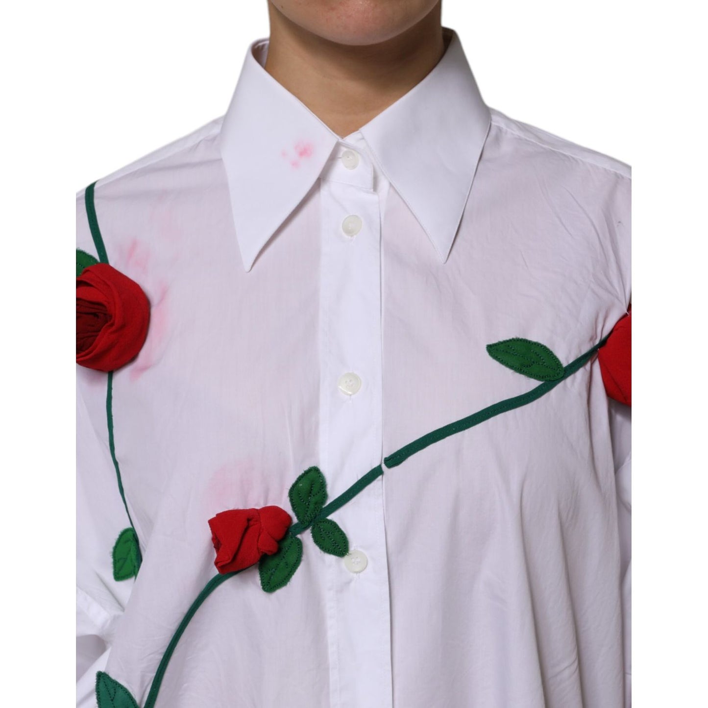Dolce & Gabbana White Cotton Floral Appliques Dress Shirt Top