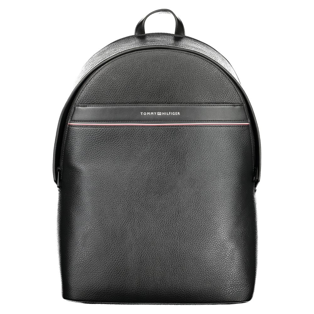 Tommy Hilfiger Black Polyester Men Backpack with logo, top handle, and shoulder straps, featuring multiple compartments for men.