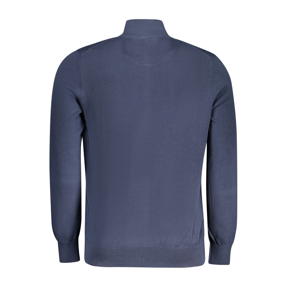 Back view of Timberland Blue Cotton Men Sweater made from organic cotton, featuring a sleek design with iconic logo embroidery.