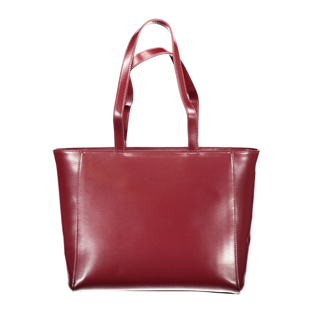 Mario Valentino Red Polyethylene Women Handbag with dual handles and internal pockets for phone, featuring iconic logo and zip closure.