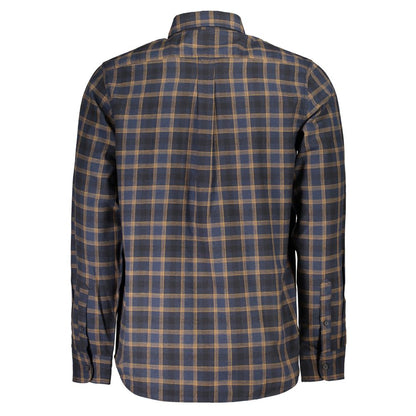 Timberland Blue Cotton Shirt with tartan pattern, long sleeves, regular fit, Italian collar, and logo embroidery