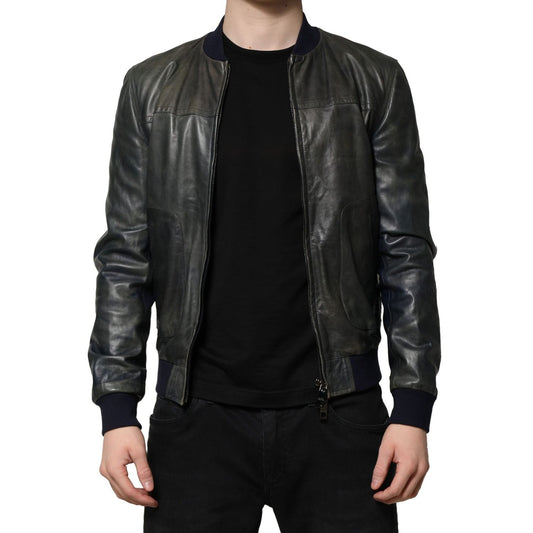 Dolce & Gabbana Black Lambskin Leather Biker Full Zip Jacket