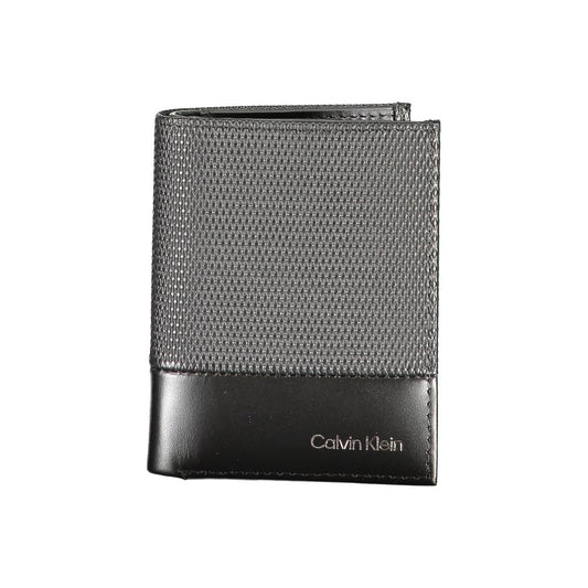 Calvin Klein Black Leather Wallet with coin purse, card spaces, RFID blocking, contrast details, and logo displayed.