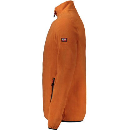 Side view of Norway 1963 Brown Polyester Men Sweater with emblem patch and zip pockets, showcasing its stylish and practical design.