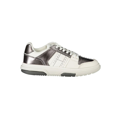 Tommy Hilfiger White Polyethylene Women Sneaker with silver accents and branding, offering style and athletic comfort.