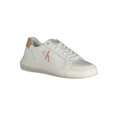 Calvin Klein White Leather Women Sneaker with pink accents and iconic logo, crafted from 50% recycled polyester for sustainable style.