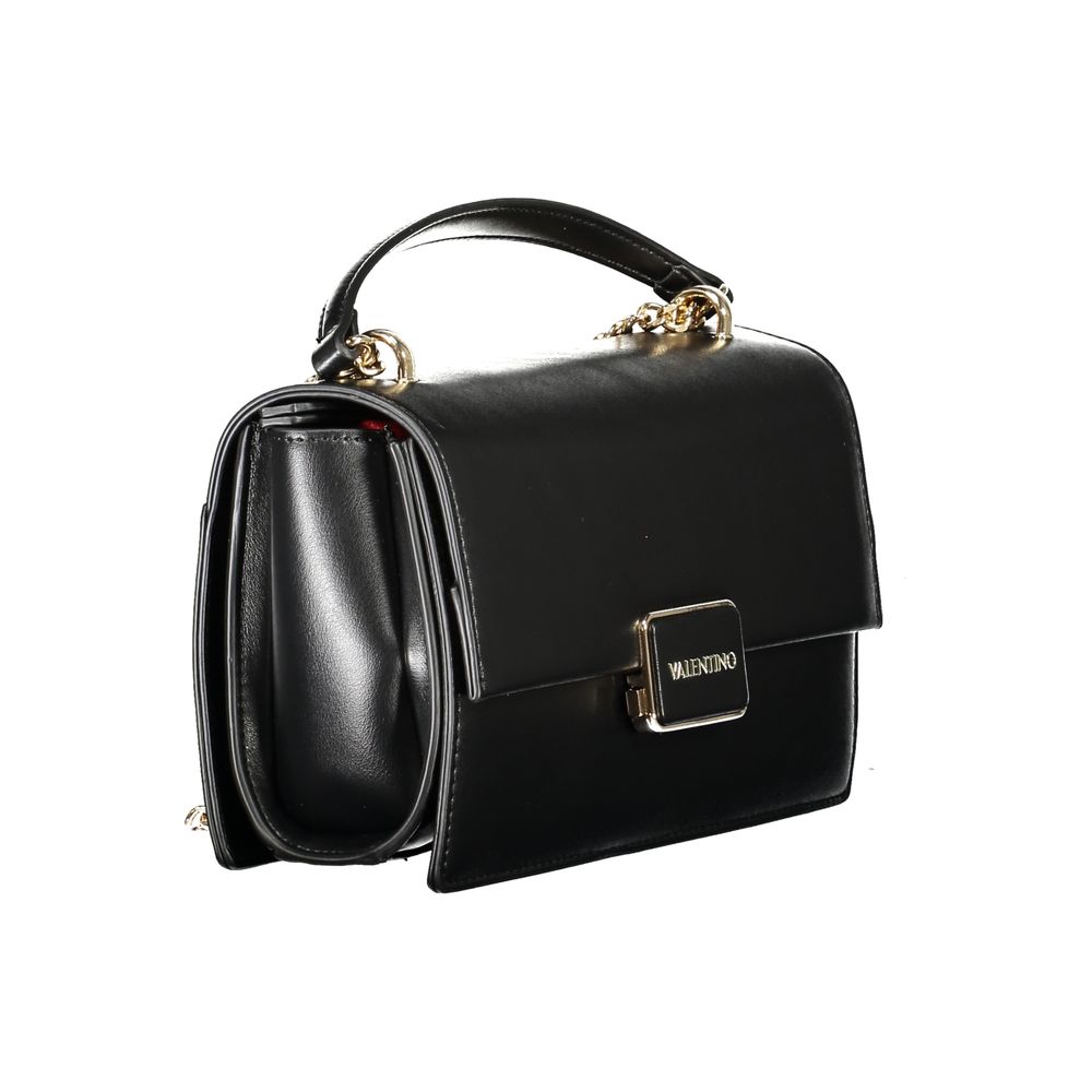 Mario Valentino Black Polyethylene Women Handbag with a chain shoulder strap and iconic Valentino logo, featuring a zip and snap closure.