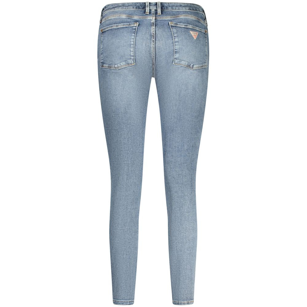 Guess Jeans Blue Cotton Women Jeans with logo on back pockets, showcasing stylish skinny fit and classic washed effect in light blue denim.