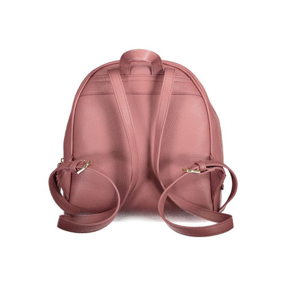 Mario Valentino Pink Polyethylene Backpack with handle, adjustable straps, external and internal pockets, and logo on back view