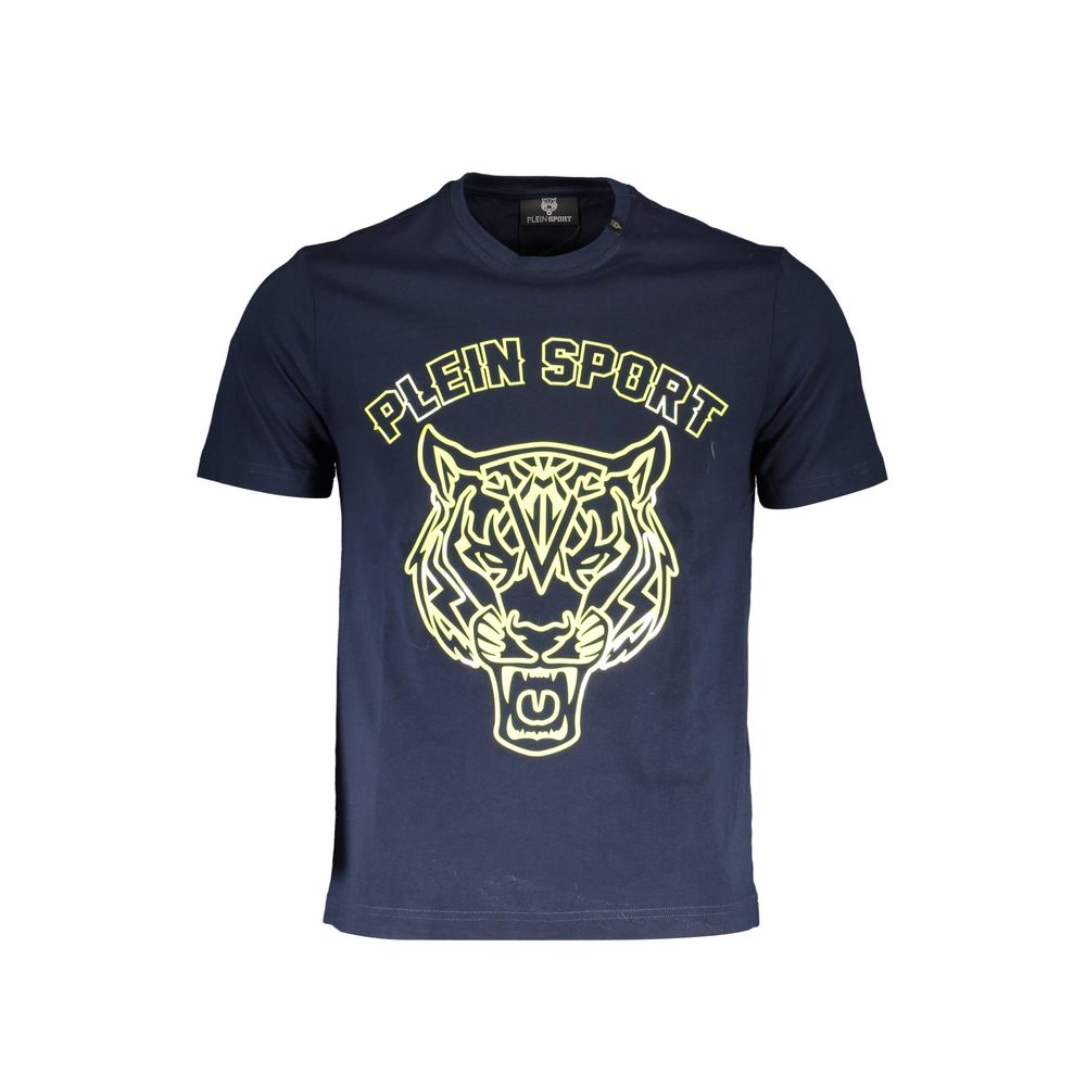 Plein Sport Blue Cotton Men T-Shirt with fierce print and tiger logo, perfect for luxury sportswear fashion enthusiasts.