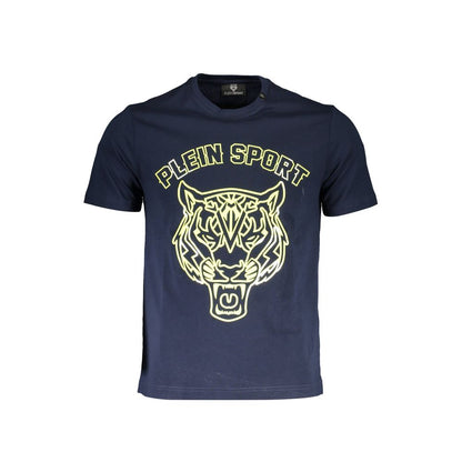 Plein Sport Blue Cotton Men T-Shirt with fierce print and tiger logo, perfect for luxury sportswear fashion enthusiasts.