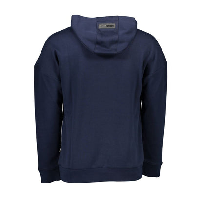 Plein Sport Blue Cotton Men Sweater with hood and long sleeves, back view.