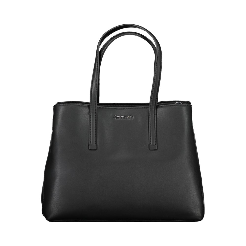 Calvin Klein Black Polyester Women Handbag with dual-handle and removable shoulder strap, crafted from recycled materials.