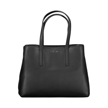 Calvin Klein Black Polyester Women Handbag with dual-handle and removable shoulder strap, crafted from recycled materials.