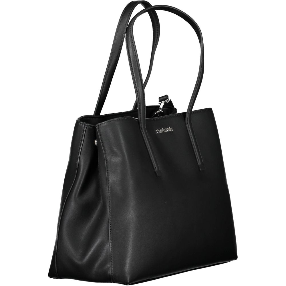 Calvin Klein Black Polyester Women Handbag with dual-handle design and adjustable strap, ideal for eco-conscious fashionistas.