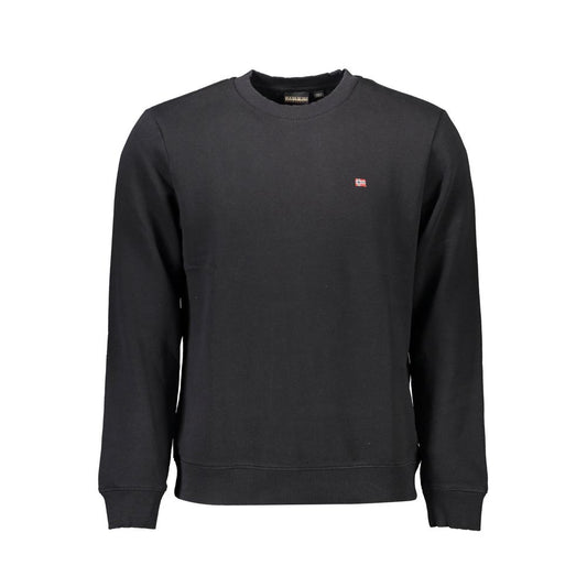 Napapijri Black Cotton Men Sweater with crew neck and embroidered logo for stylish comfort.
