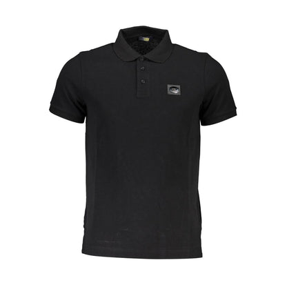 Cavalli Class Black Cotton Men Polo Shirt with logo and three-button placket, stylish short sleeve design for modern fashion.