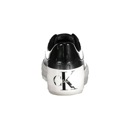 Back view of Calvin Klein Black Polyester Sneaker with logo on platform, featuring laces and contrasting details, made of recycled polyester.