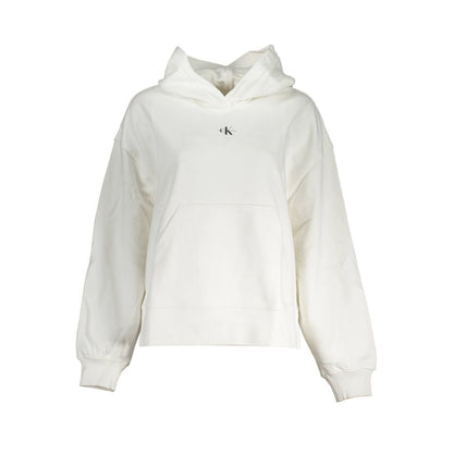 Calvin Klein White Cotton Women Sweater with hood and central pocket, featuring sustainable 100% recycled cotton and a branded print.