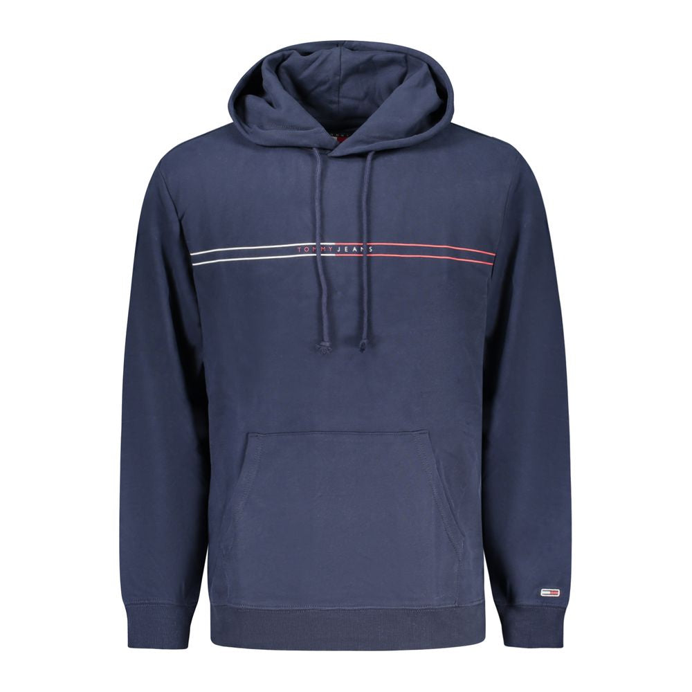 Tommy Hilfiger Blue Cotton Men Sweater with hood and central pocket, featuring a red and white stripe logo across the chest.