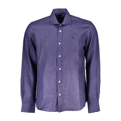 North Sails Blue Linen Men Shirt with long sleeves, Italian collar, and 1-button cuffs, showcasing sophistication and comfort.