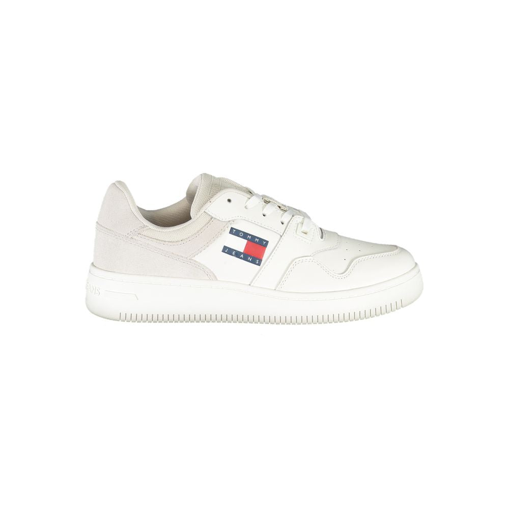 Tommy Hilfiger White Polyester Sneaker with laces, contrast details, and logo print on side view.