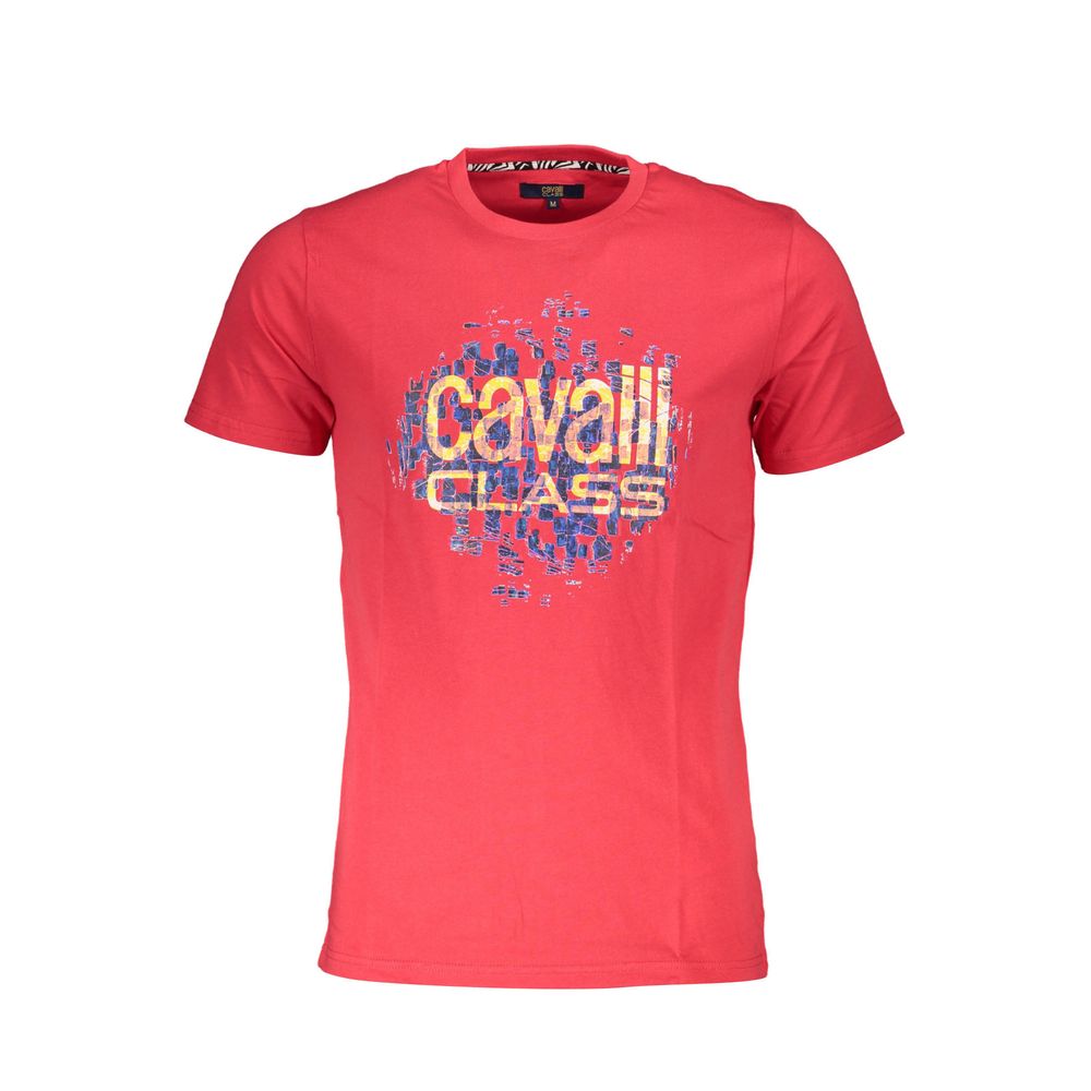Cavalli Class Red Cotton Men T-Shirt with bold print and classic crew neck design, perfect for fashion-forward individuals.