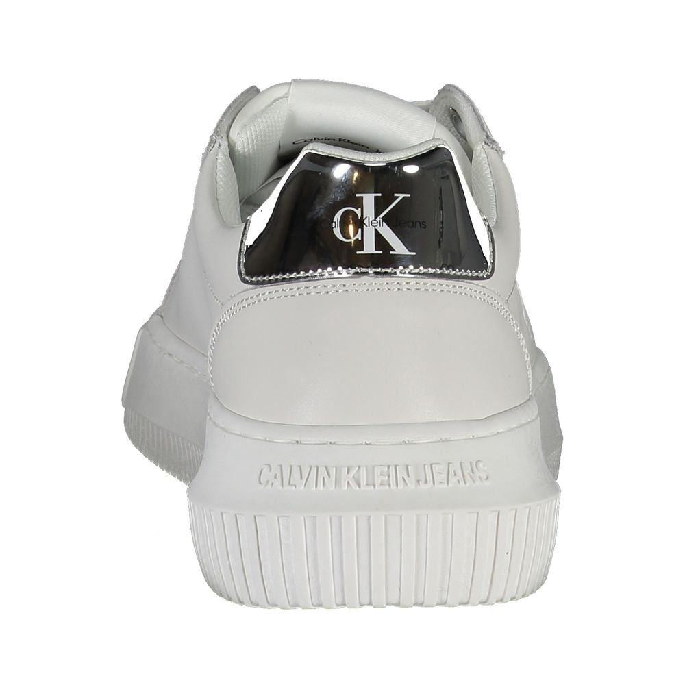 Rear view of Calvin Klein White Polyester Sneaker with logo and contrasting sole, featuring recycled materials.