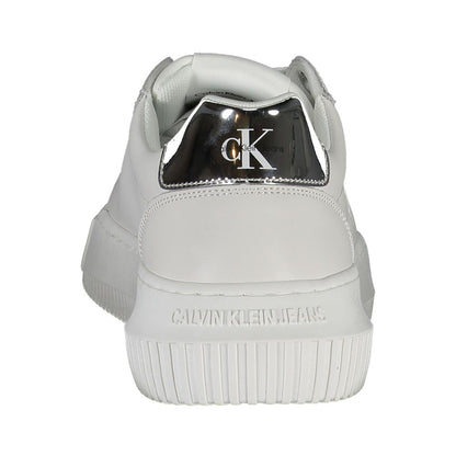 Rear view of Calvin Klein White Polyester Sneaker with logo and contrasting sole, featuring recycled materials.