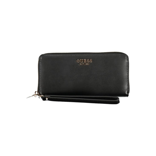 Guess Jeans Black Polyethylene Wallet with logo, zip closure, four compartments, coin purse, and external pocket.