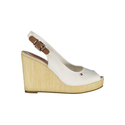 Tommy Hilfiger White Cotton Sandal with 11 cm wedge, buckle lacing, contrast details, and logo embroidery