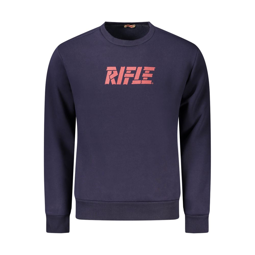 Rifle Blue Cotton Men Sweater with bold logo print, crew-neck, long sleeves, luxury cotton-polyester blend, rich blue hue, casual elegance.