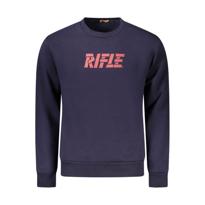 Rifle Blue Cotton Men Sweater with bold logo print, crew-neck, long sleeves, luxury cotton-polyester blend, rich blue hue, casual elegance.