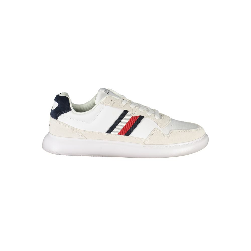 Tommy Hilfiger White Leather Men Sneaker with embroidered logo and contrast details, perfect for casual wear.