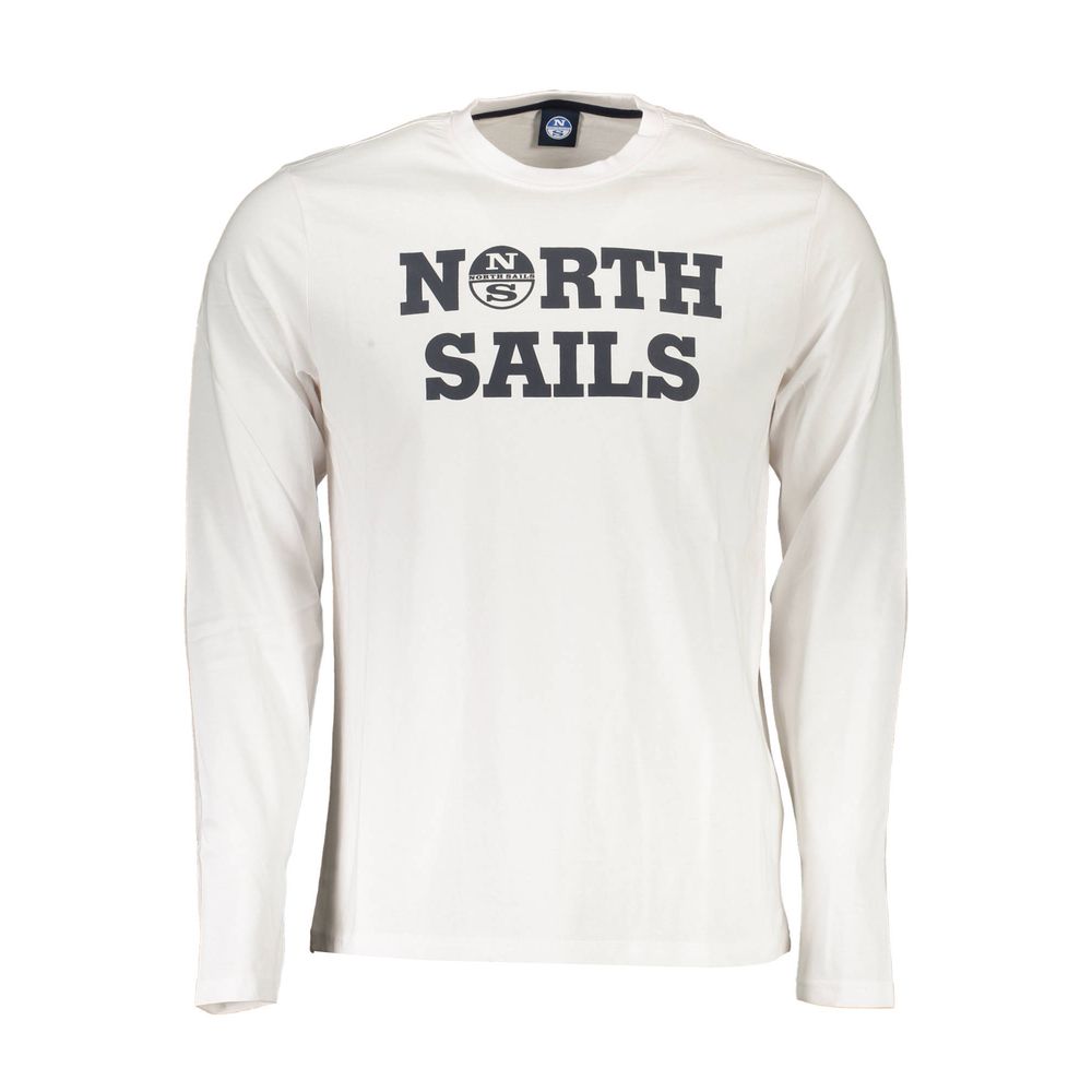 Front view of North Sails White Cotton Men T-Shirt featuring bold logo print on chest, long sleeves, premium cotton material.
