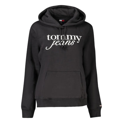 Tommy Hilfiger Black Cotton Women Sweater with logo, long sleeves, hood, and front pocket, perfect for casual and stylish occasions.
