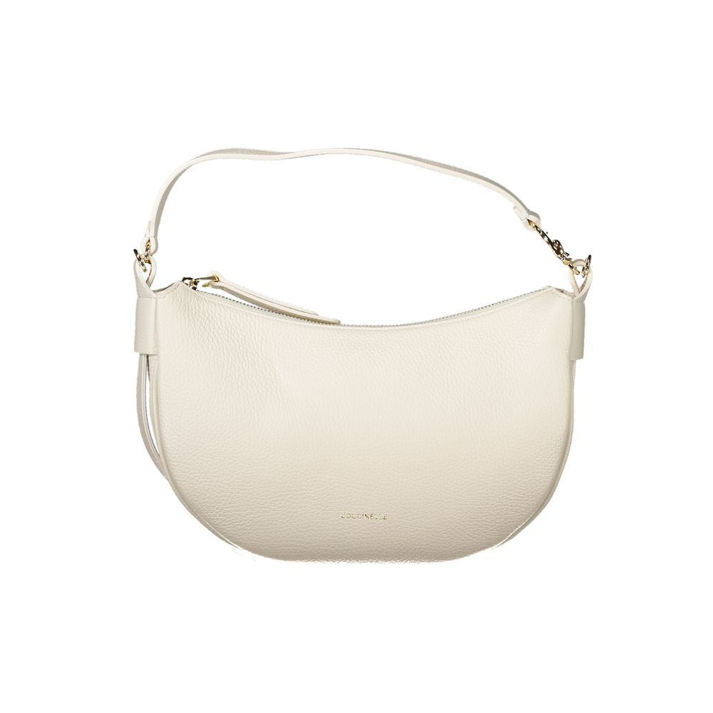Coccinelle White Leather Handbag with adjustable strap, internal pocket, zip closure, and logo detailing.