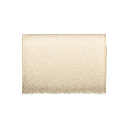 Mario Valentino Beige Polyethylene Wallet with 3 compartments, coin purse, card spaces, zip closure, logo, and recycled material.