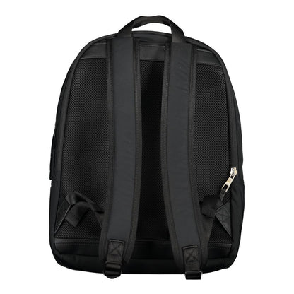 Back view of Tommy Hilfiger Black Polyester Backpack with adjustable straps and handle, featuring durable recycled polyester material.