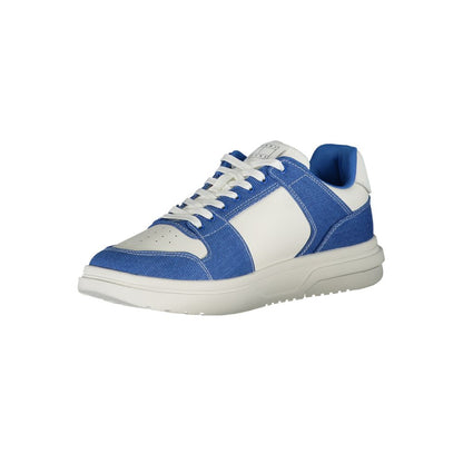 Tommy Hilfiger White Polyester Sneaker with blue contrast details and laces, showcasing the brand logo.