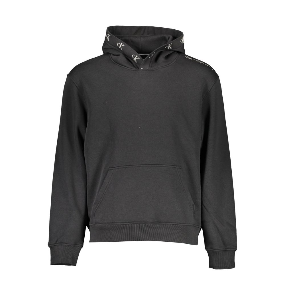 Calvin Klein Black Cotton Men Sweater with long sleeves and central pocket, featuring iconic logo and contrasting details for a stylish look.