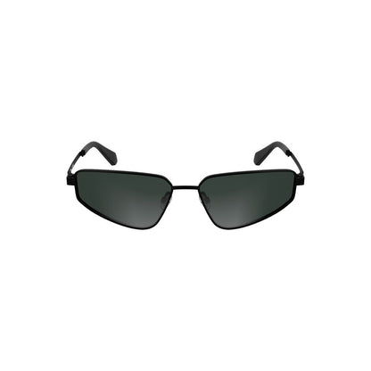 Calvin Klein Black Metal Women Sunglass with bold metal frame and rectangular smoke lenses, featuring elegant design and logo detail.